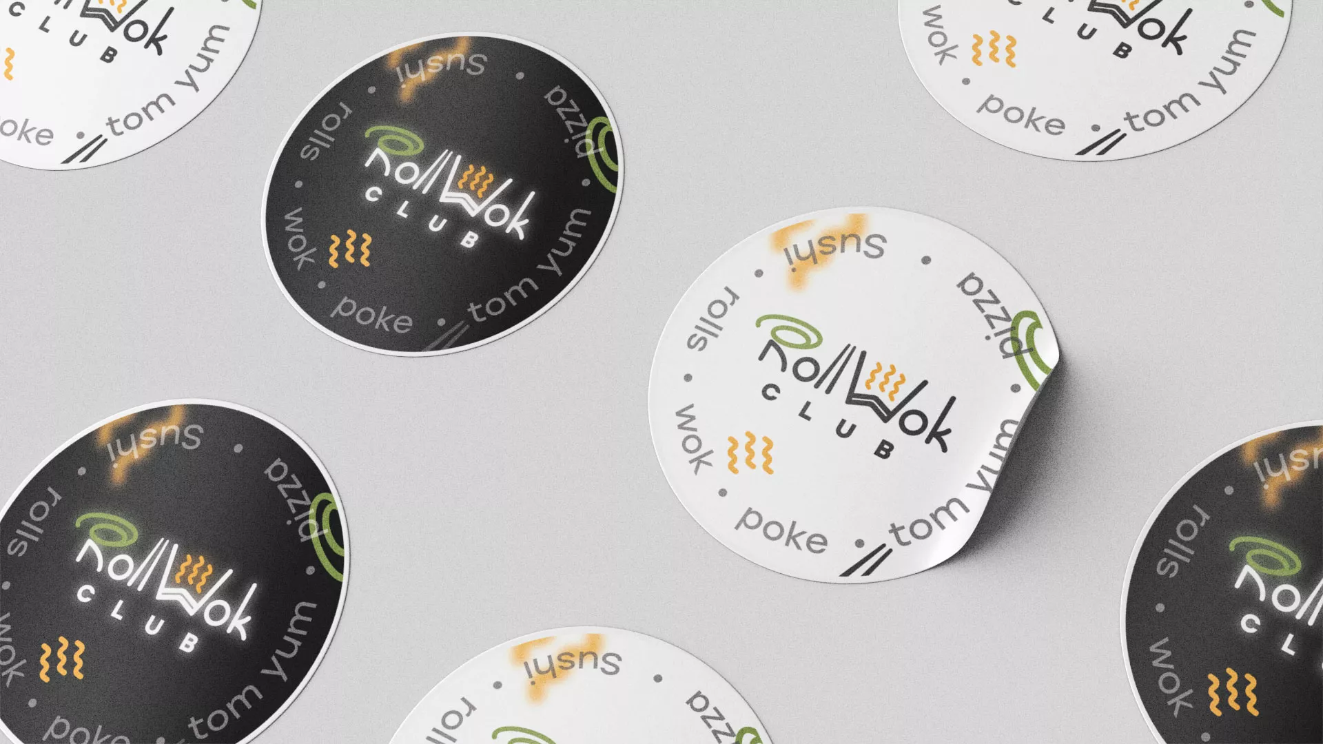 Разработка наклеек для суши-бара «Roll Wok Club» в Бикине